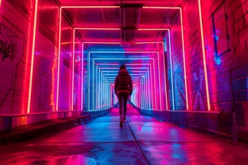 A woman walking through a tunnel of bright neon lights in an urban setting