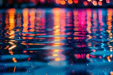 Multicolor bokeh lights from a cityscape create a dreamy effect as they reflect off the waters surface, blurring the urban scene