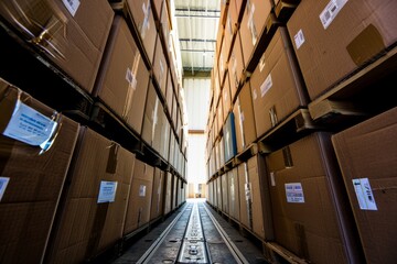 A narrow alley filled with cardboard boxes on the floor, showcasing a delivery operation in progress