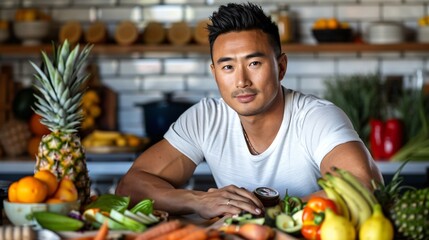 Healthy Choices. An Asian man contemplates dietary changes. surrounded by nutritious foods in a...