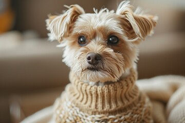 Portrait of a cute dog in a knitted sweater at home.