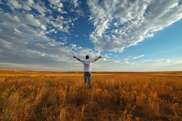 A man standing in a vast field with his arms outstretched in a prayerful pose