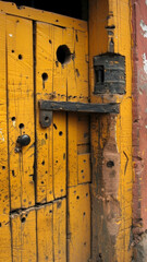 A yellow door with a black handle and a hole in it