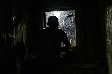 Silhouette of a man sitting in front of the window at night