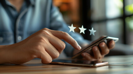 A man hand holding a smartphone with a display showing star ratings, symbolizing customer feedback in a business context