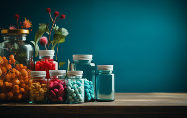 Table filled with jars of candy. Generative AI - Powered by Adobe