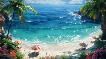 Fototapeta premium Beach scene with umbrellas and flowers. Generative AI