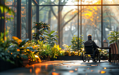 Man in wheelchair at table in greenhouse. Generative AI