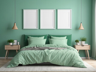 Mint Serenity, Two Blank Frames Mockup in Green Bedroom Haven