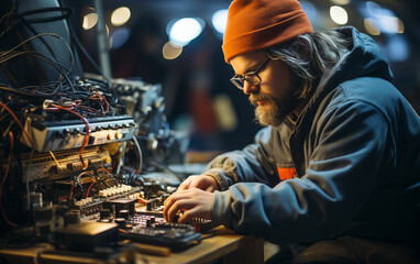 Man working on electronic device in dark room. Generative AI