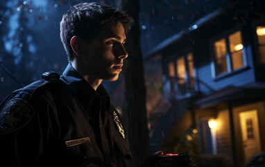 Man standing in front of house at night. Generative AI