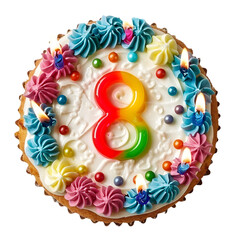 Cake Birthday Celebration with Number ''8'' Candles isolated on a transparent background