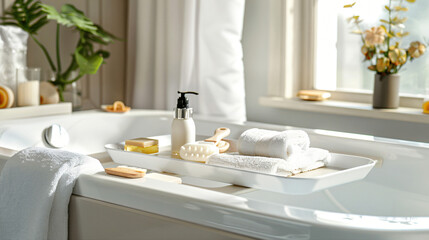 Bathtub tray with different supplies in bathroom inter
