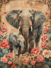 Heartfelt and serene watercolor of a vintage elephant with her calf among carnations, pop art influence, bright pastels blended with sepia, celebrating Mother's Day 