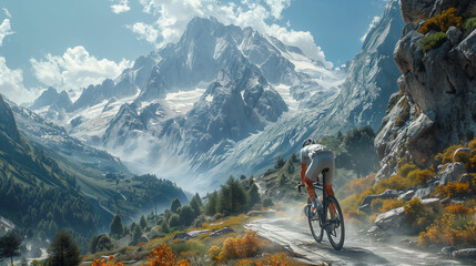 Fototapeta premium Man cycling down dirt road. Generative AI