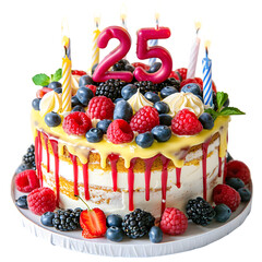 Cake Birthday Celebration with Number ''25'' Candles isolated on a transparent background