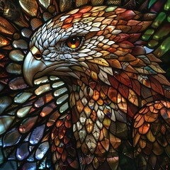  rendering of a stained glass window with an eagle head on a colorful background