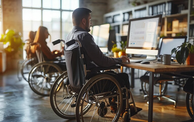 Fototapeta premium Man in wheelchair working on computer. Generative AI