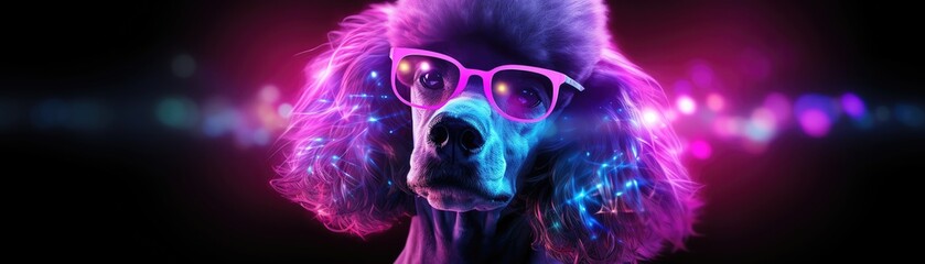 Stylish poodle in virtual simulation, vibrant neon lights, space for text on dark background