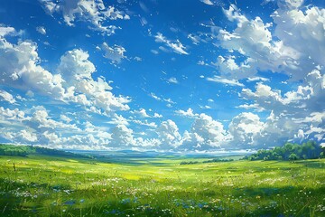 Beautiful summer landscape with blue sky and clouds,  Digital painting