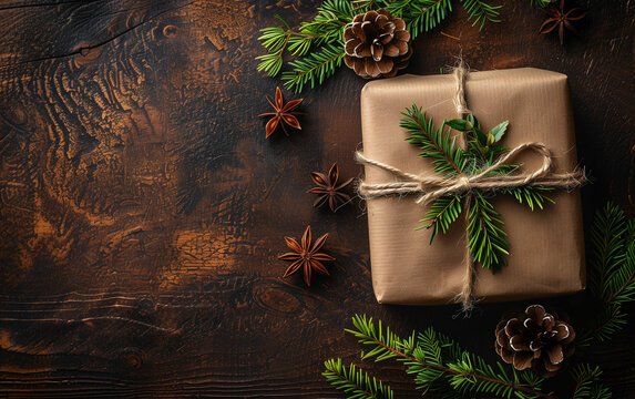 Brown paper wrapped present tied with twine. Generative AI
