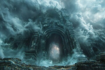 Mysterious temple in the mist,  Fantasy world,   rendering - obrazy, fototapety, plakaty