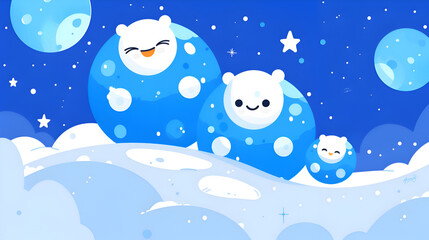 Naklejka premium A cartoon of three bears in space with a blue sky background. The bears are smiling and appear to be happy. Generative AI