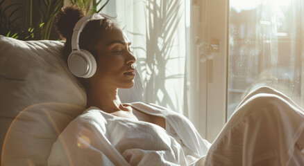 A woman in white is lying on the sofa, wearing headphones and listening to music with her eyes closed.  - Powered by Adobe