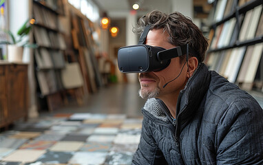 Man trying virtual glasses for home flooring test. Generative AI