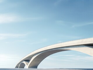 Concrete bridge engineering, diagonal composition, strong lines against blue sky, banner format