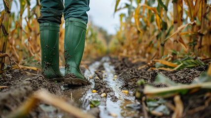 Fototapeta premium A farmer in green rubber boots walks in a corn field.