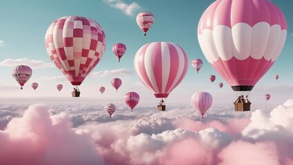 Fototapeta premium Painting of hot air balloons in pink and white coolers flying above the clouds, fantasy style,