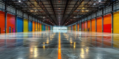 Wide angle view of an empty warehouse with high ceilings, adorned in vibrant orange and blue colors.