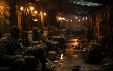 Obraz premium Group of soldiers sitting in a room. Generative AI