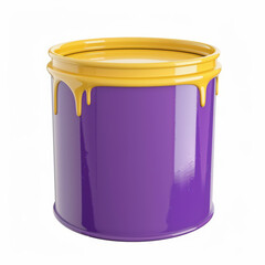 3d rendering of a purple paint bucket with yellow paint dripping down the side, clip art 3d, isolated white background.