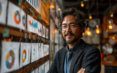 Fototapeta premium Man standing in front of wall of business cards. Generative AI