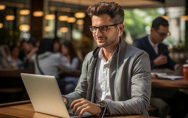 Fototapeta premium Man working on laptop at cafe table. Generative AI
