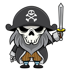 bearded Skeleton wearing pirate cap and uniform and holding a sword. Best for sticker, logo, and mascot with halloween themes