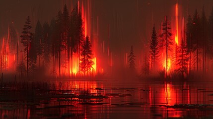 A dark forest with red glowing trees and a lake in the foreground.