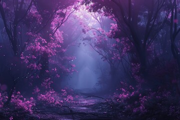 A dark purple forest with a path leading through it. The trees are bare, but there are some purple flowers on the bushes. There is a bright light coming from the end of the path.