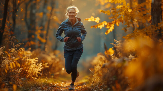 Woman running through a forest in the fall. Generative AI