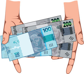 Os ponteiros exibem as notas de 100 e 200 reais do Brasil, refletindo a economia e a cultura