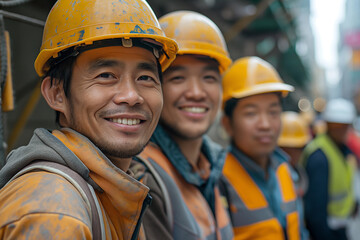 worker,builder,constructor,labour,man day,group of four construction workers in a small construction site