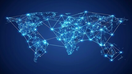 A glowing blue world map made of connected dots and lines on a dark blue background.