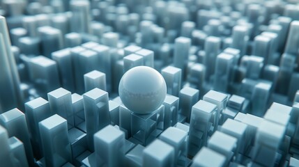 Obraz premium A grey sphere sits on a grey geometric landscape.
