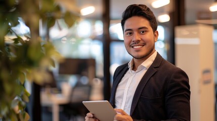 Smiling professional young latin business man company employee, male corporate manager, businessman office worker looking at camera holding digital tablet standing in office, vertical portrait