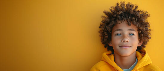 Young boy with curly hair wearing a yellow jacket. Generative AI