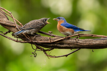 Parent Bluebird Feeding Fledgling