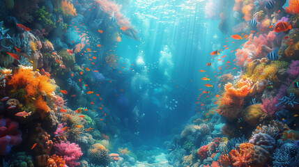 Fototapeta premium Vibrant underwater scene of a coral reef with abundant fish. Generative AI