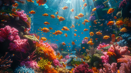 Fototapeta na wymiar School of fish swimming over vibrant coral reef. Generative AI